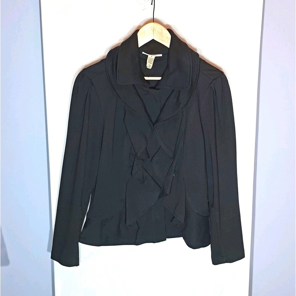 Style & Co Black Ruffle Zip Front Jacket M Victorian Romantic Goth Stretch Knit